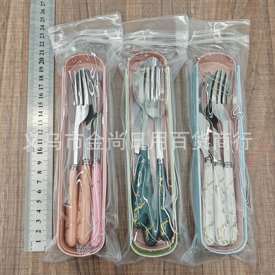 大理石纹不锈钢便携餐具户外旅游方便携带勺叉刀加收纳盒套装详情4