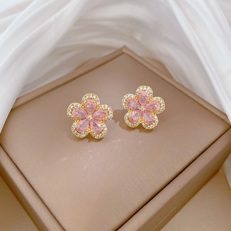 【钛钢】五叶花朵项链耳环套装轻奢微镶个性气质宴会耳饰项饰组合详情15