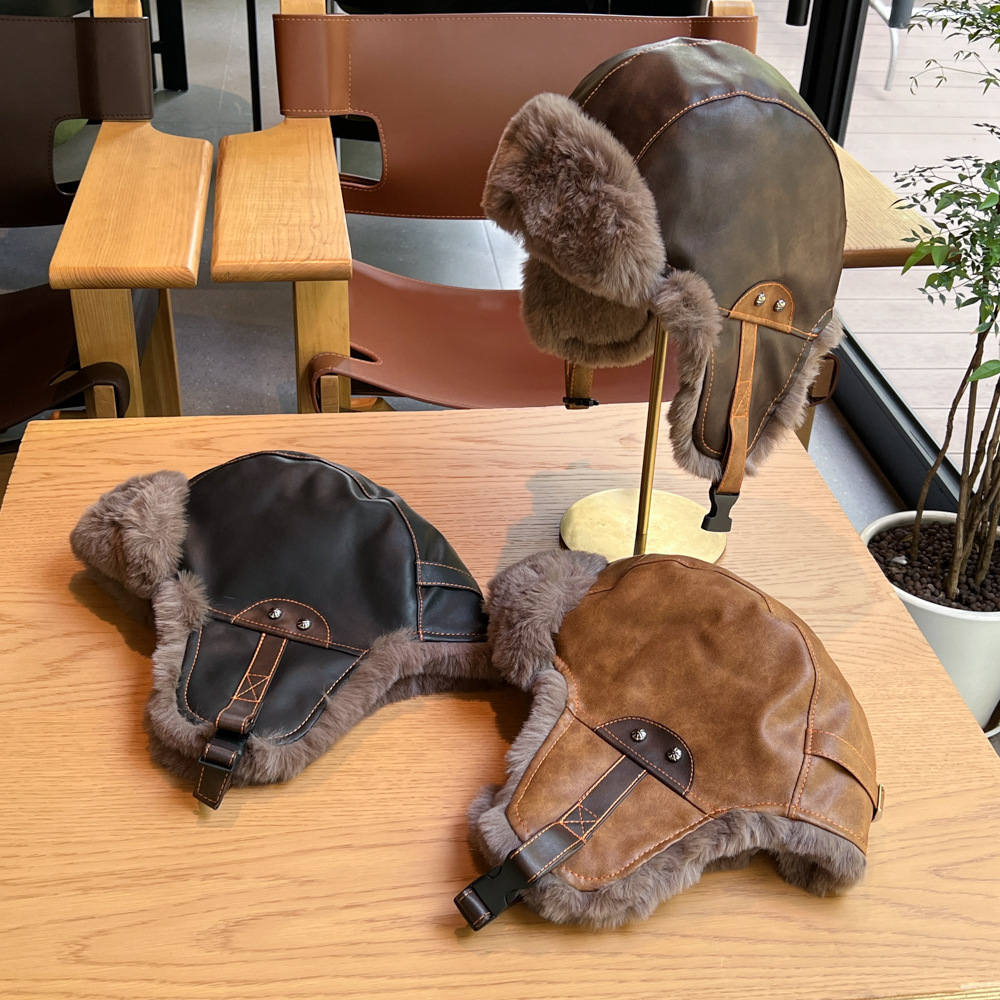 New leather windproof star Lei Feng hats for men and women, warm outdoor retro thickened Northeast flight hats pic 1