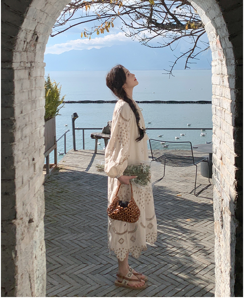 Real photo of a retro, gentle, cut-out embroidered V-neck apricot-colored dress, 2025 new seaside vacation style long-sleeved umbrella dress pic 37