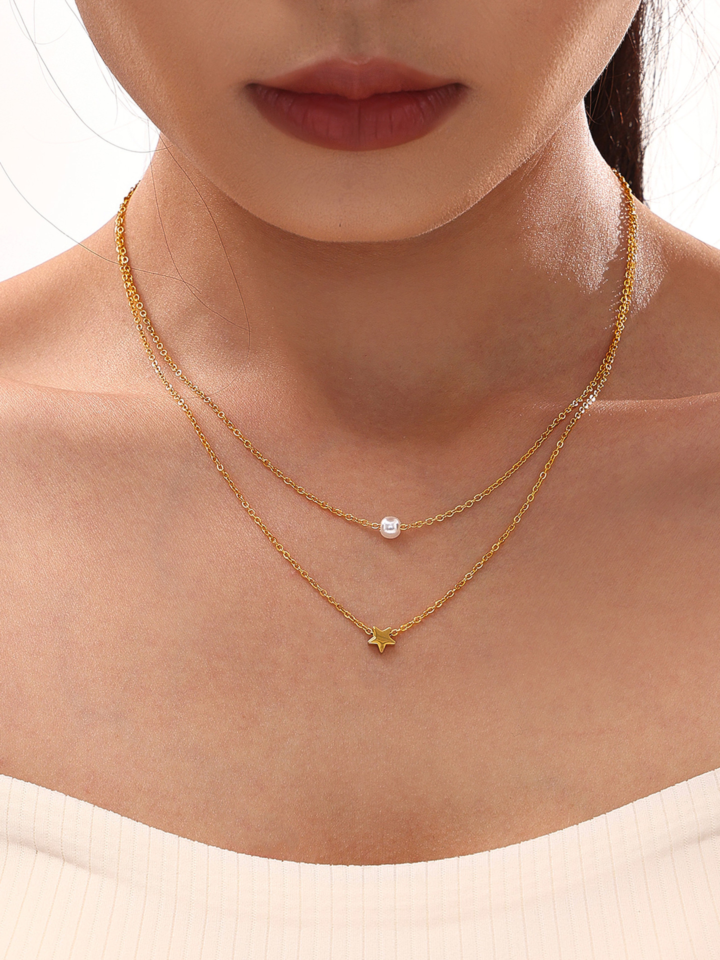 谜丽 星星贝珠设计感多层项链欧美风热销通勤叠戴钛钢18K真金饰品详情8