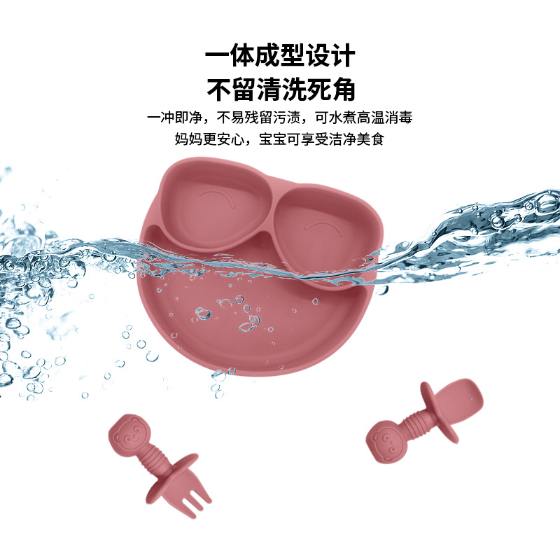 跨境食品级硅胶餐盘带吸盘婴儿叉勺套装防摔防烫宝宝喂养餐具现货详情12