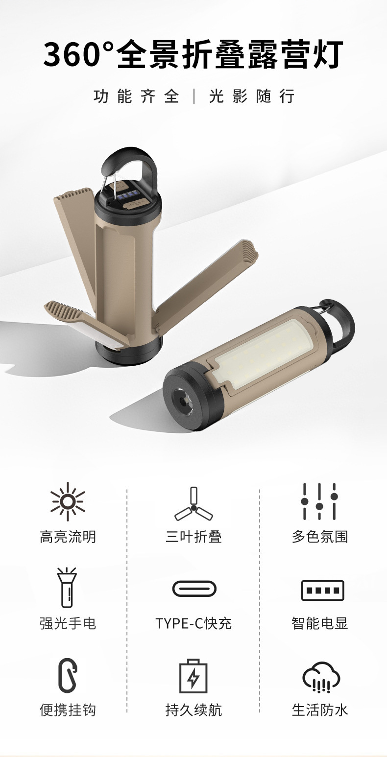 New cross-border portable hanging multi-functional camping lamp, 90° folding three-leaf lamp, outdoor emergency work lamp pic 10
