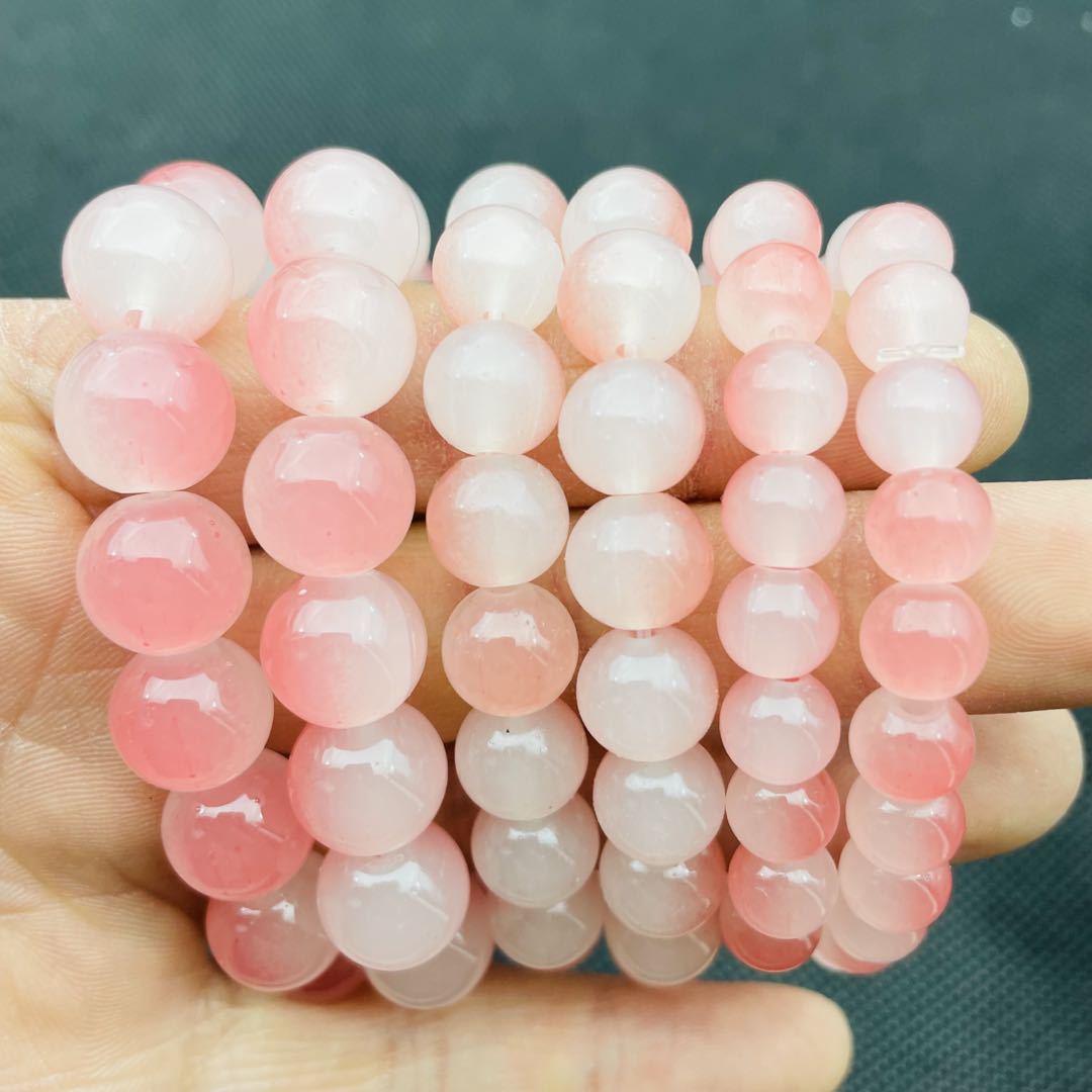 A simple and fresh peach-pink glass bracelet with 12MM beads, a versatile and fashionable bracelet for both men and women, a popular live-streaming accessory gift pic 2