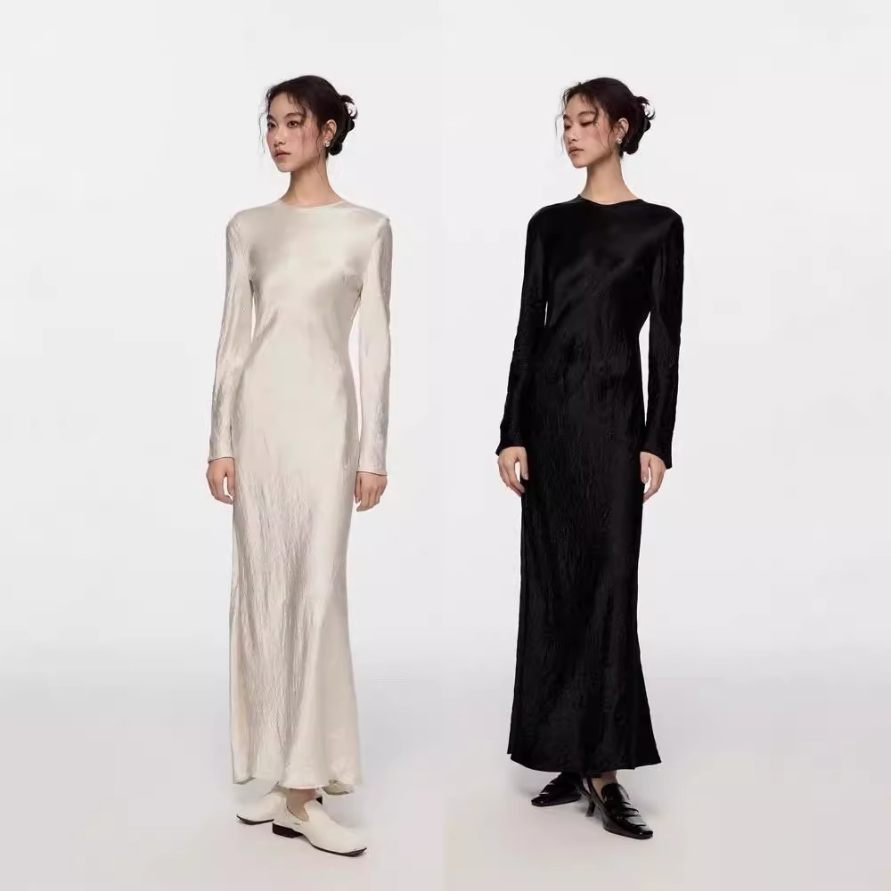 French elegant, fashionable, form-fitting and high-end satin pleated triacetate long-sleeved dress, a new autumn long dress for children pic 27