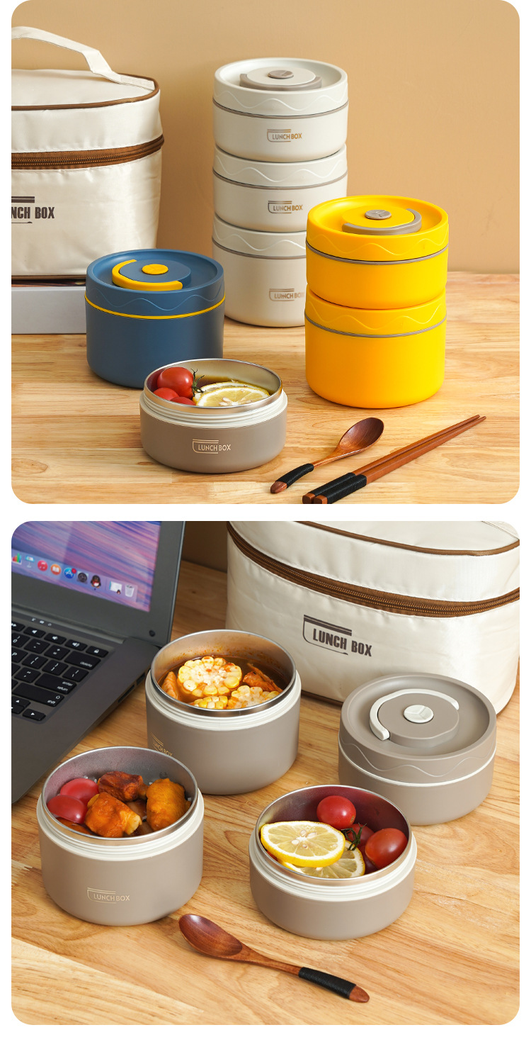 Cross-border best-selling 304 stainless steel insulated lunch box, round student portable lunch box, microwave-safe double-layer bento box pic 15