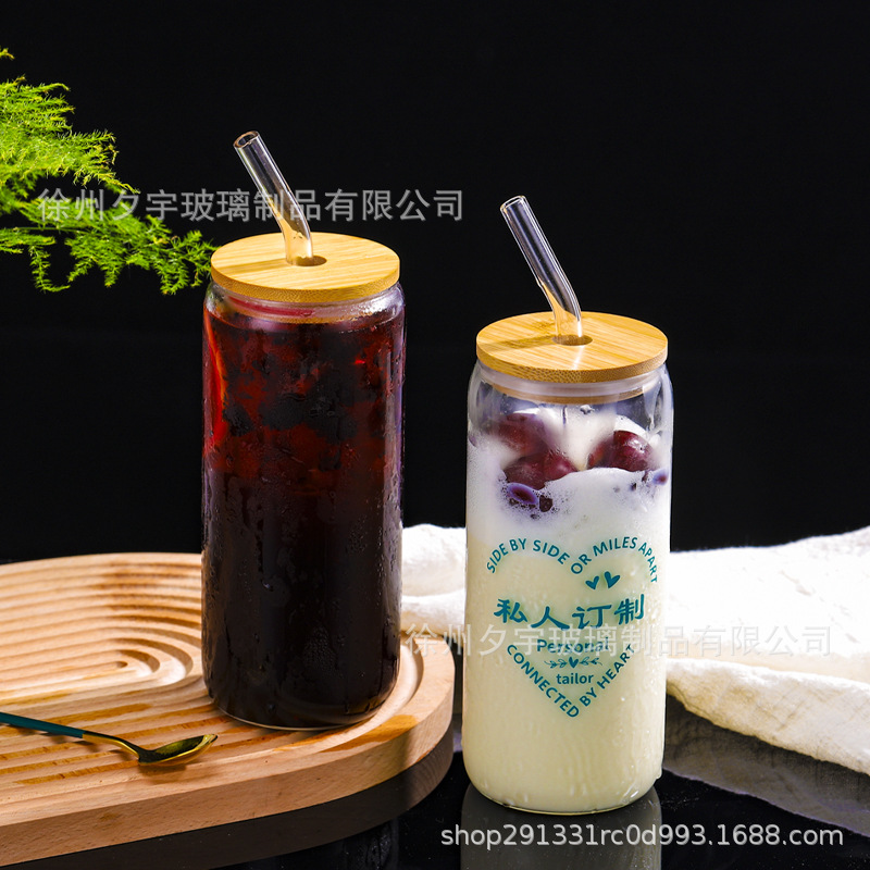 跨境亚马逊新款网红可乐杯16oz梅森杯竹盖玻璃杯饮料果汁杯带吸管详情5
