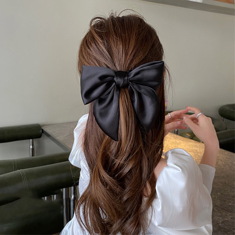 Elegant and high-end hair tie, black satin oversized bow hair band, sweet and charming high ponytail hair tie and headwear pic 3