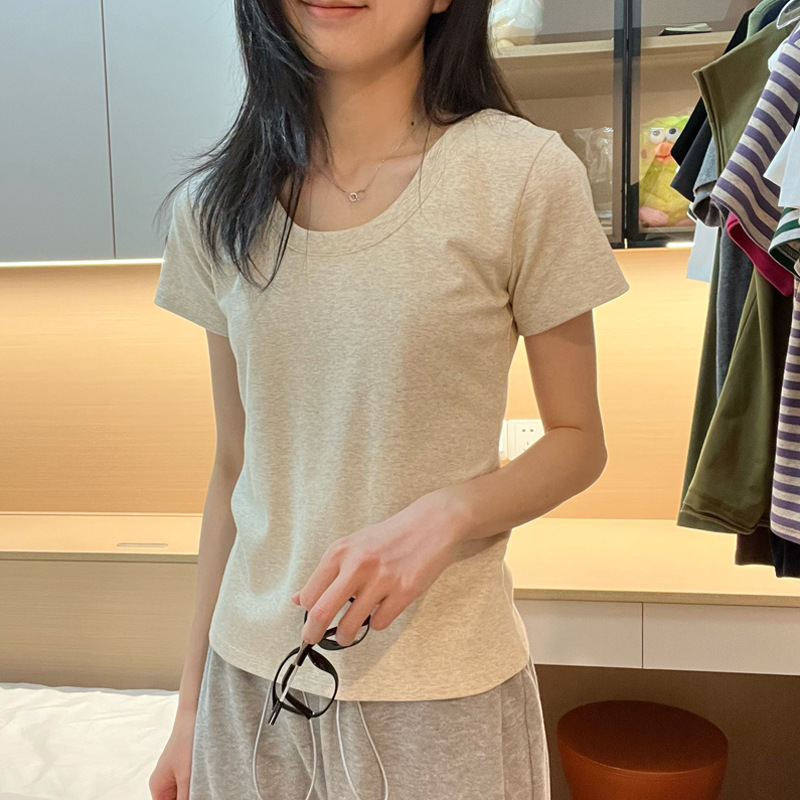 【高品质纯棉】u领收腰正肩显瘦大领口修身短袖T恤女打底衫上衣夏详情18