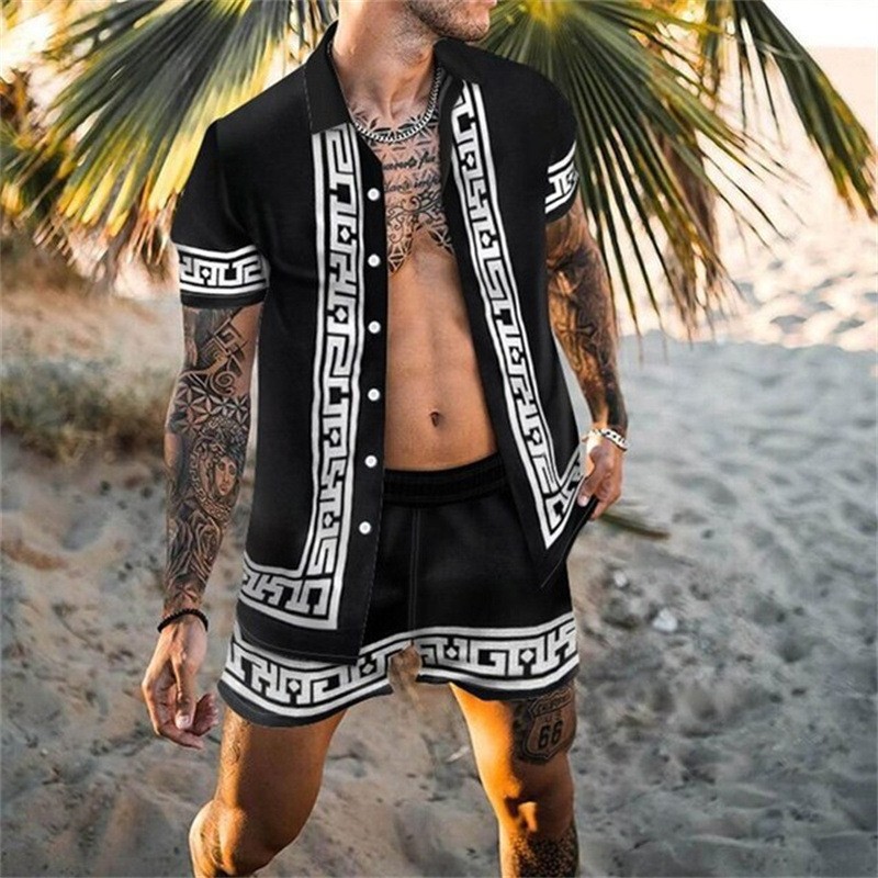 2023 Summer Independent Station Amazon European and American foreign Trade New Printed casual Loose two-piece beach suit for men pic 5