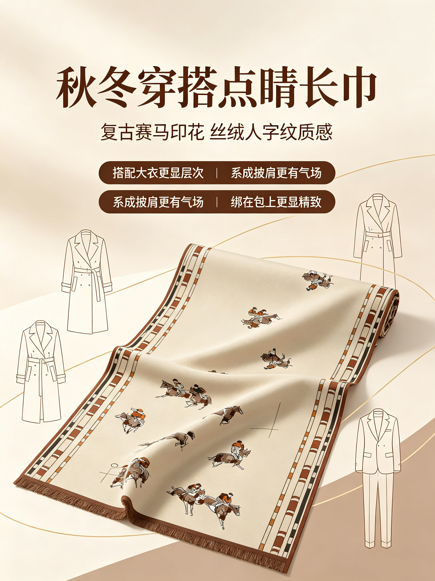 人字纹丝绒长巾180×70复古马术赛马图案大围巾秋冬女式披肩围巾详情6