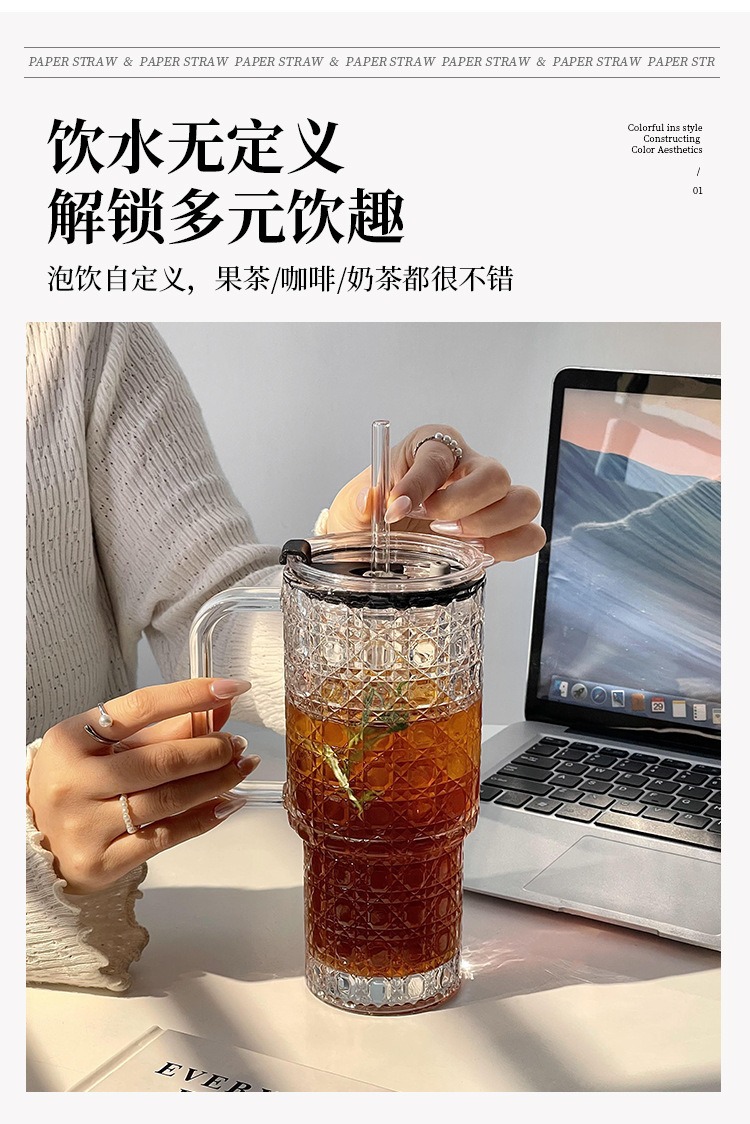 Creative large-capacity glass cups, handle beverages, cola cups, transparent covered straw cups, household double-drinking cups, water cups pic 3
