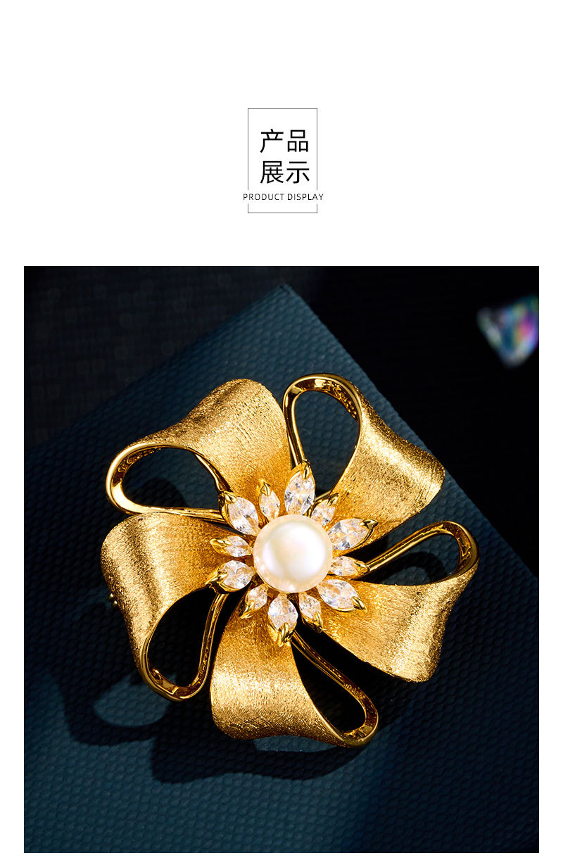 Light luxury and elegant golden brushed flower brooch, copper inlaid zircon freshwater pearl exquisite brooch, best-selling clothing and accessory brooch pic 18