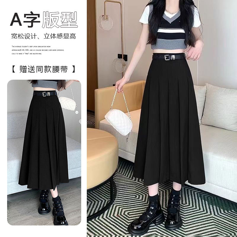 西装面料百褶裙长裙2024新款韩版简约黑色灰色法式高腰显瘦 a字版详情2