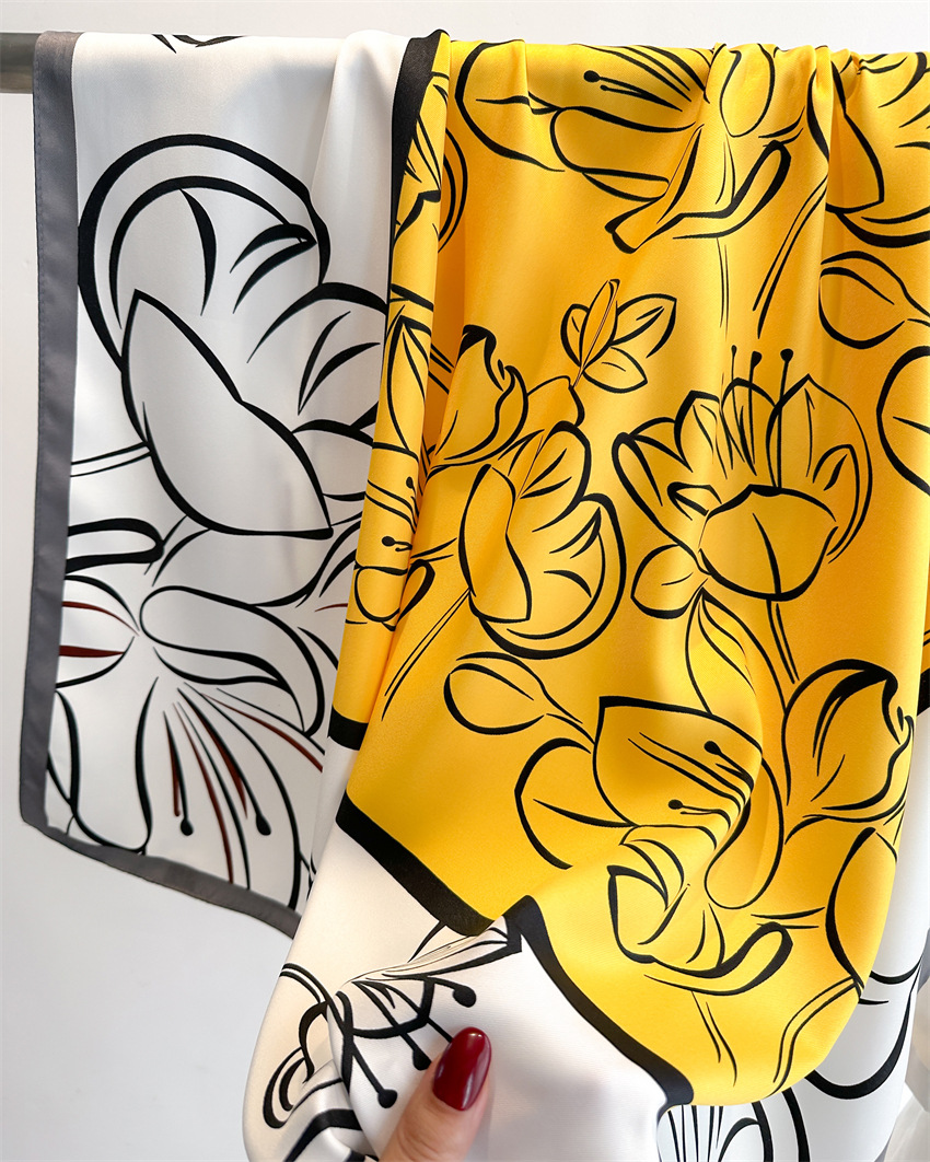 National trend retro printed artistic silk scarf, 90cm twill silk scarf, lotus flower fashionable large square scarf, sun protection shawl headscarf pic 16