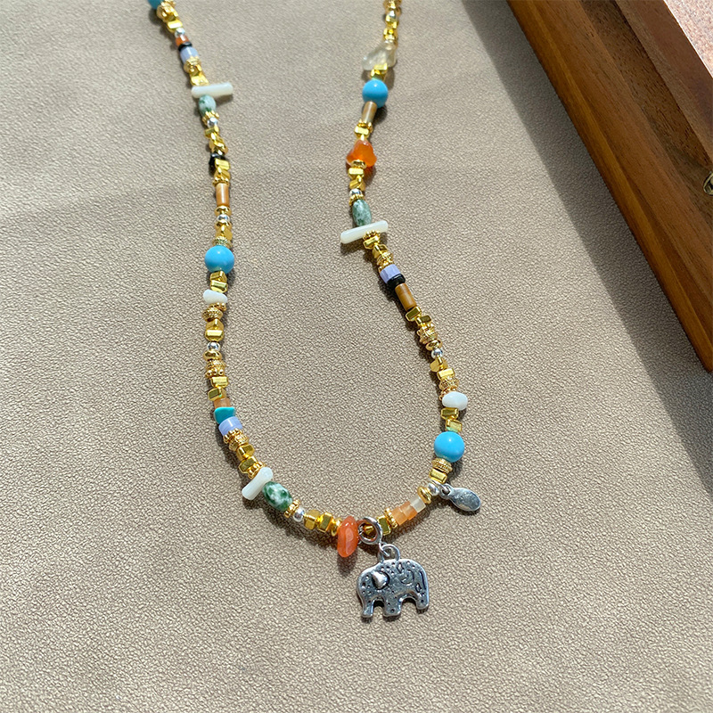 天然石混石小象项链女小众时尚高级感彩色串珠银色大象吊坠锁骨链详情11