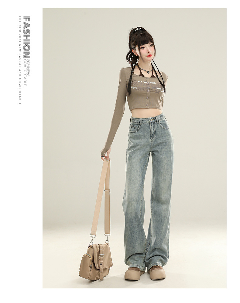 怀旧蓝直筒裤牛仔裤女秋季2025新款高腰显瘦垂感宽松窄版阔腿裤子详情14