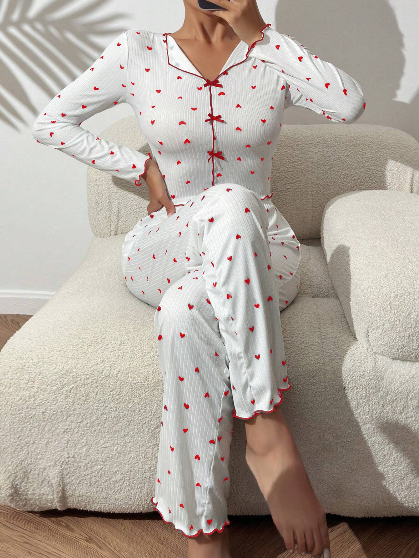 欧美跨境热销爱心印花家居服提花长袖长裤翻领睡衣女可外穿两件套详情15