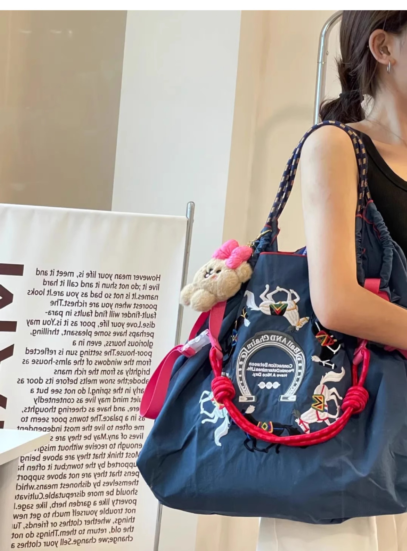 高圆圆同款日本ball chain刺绣环保袋收纳袋尼龙手提单肩斜挎包女详情28
