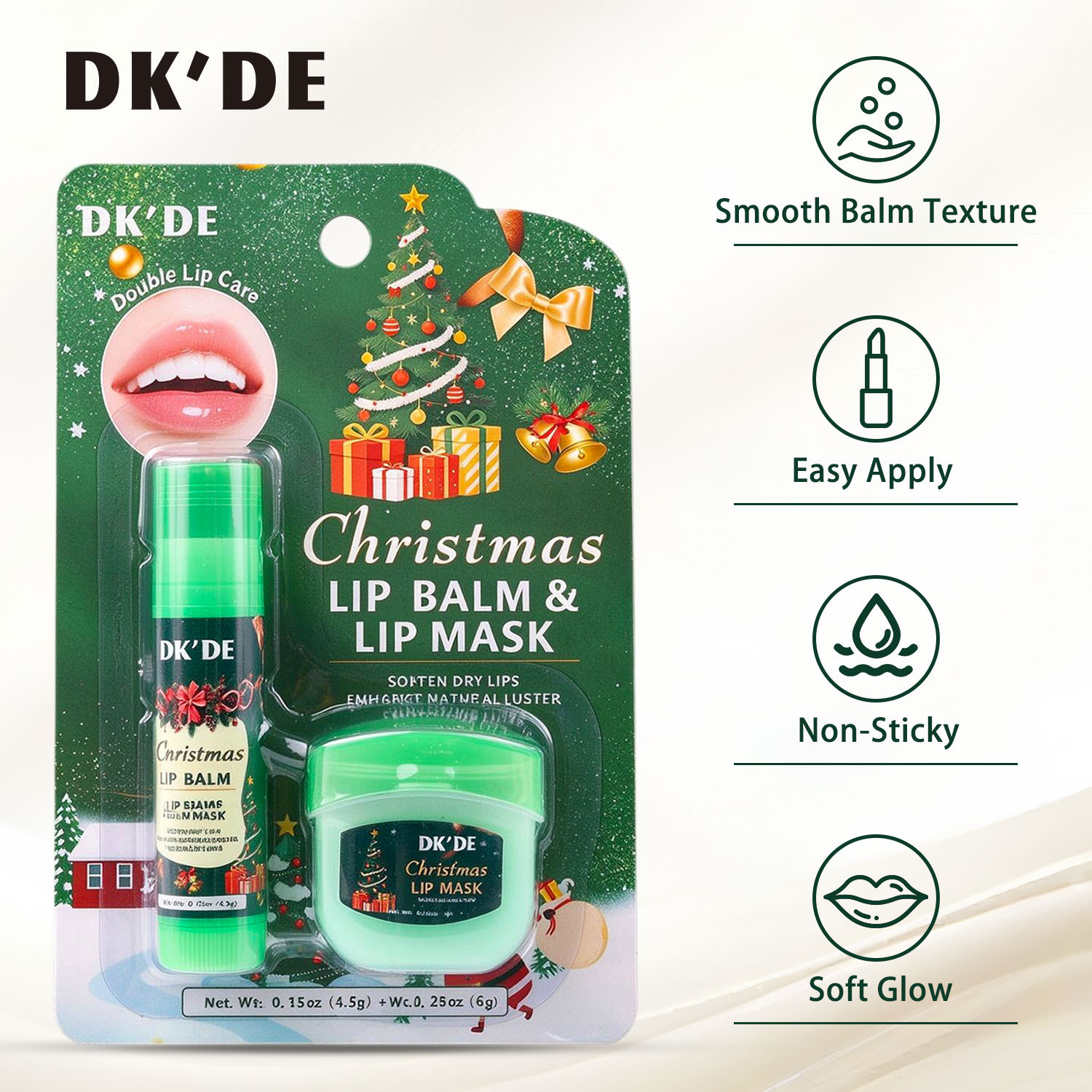 【 Cross-border Exclusive 】DKDE+ 3-color Christmas Lip Mask + Lipstick Set: Soft, firm, hydrating, Protective and anti-cracking pic 6
