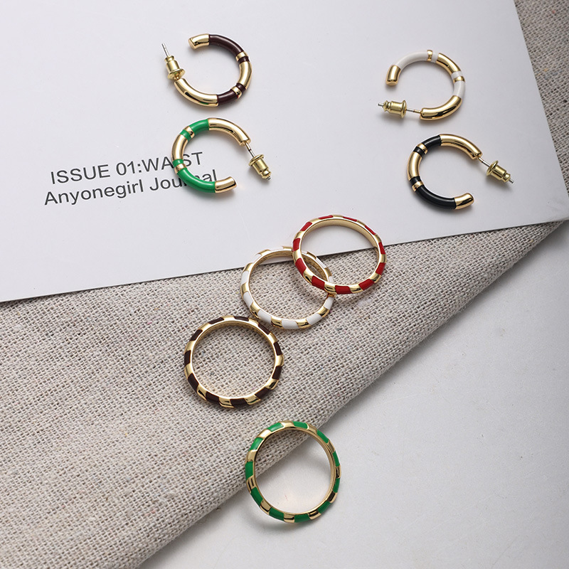 C形珐琅圈圈拼接耳环女法式轻奢小众设计感复古气质银针撞色耳圈详情16