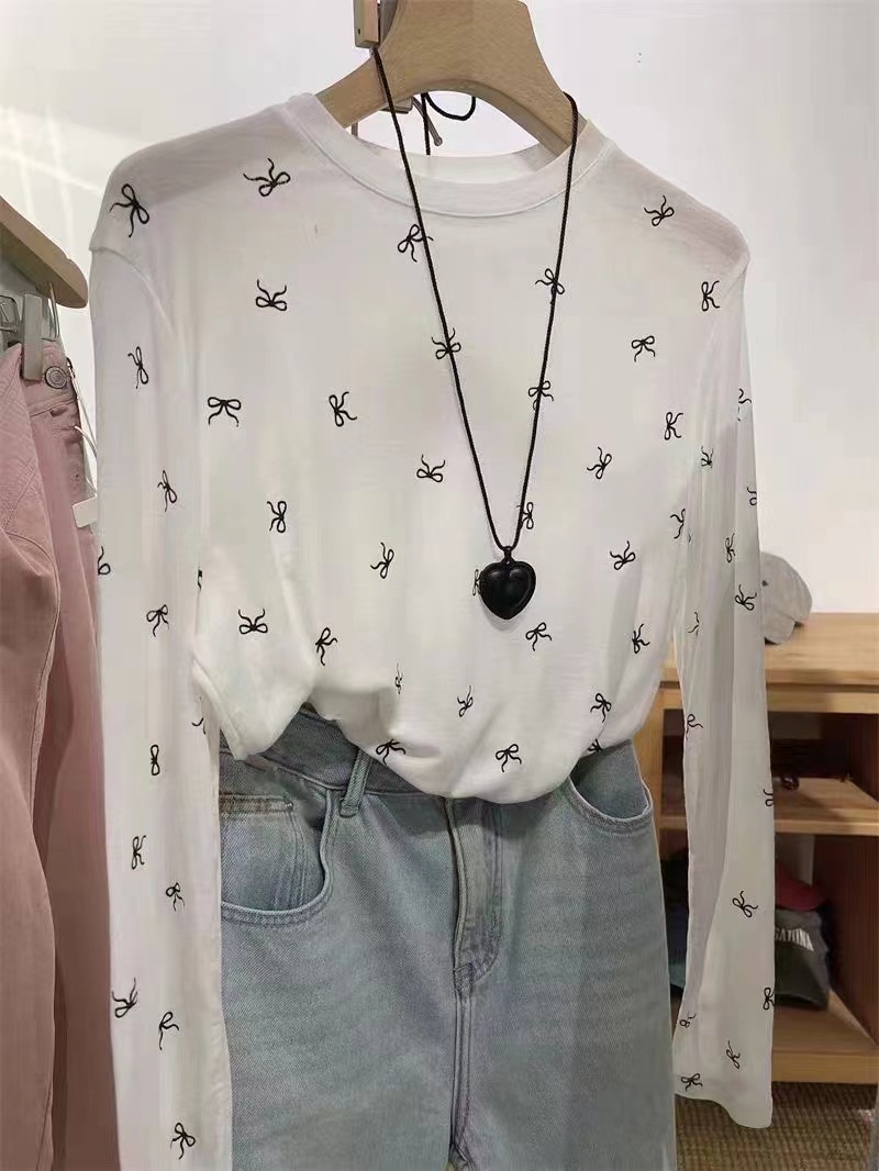 夏薄款精品天丝防晒衣设计感蝴蝶结印花罩衫长袖T恤女装一件代发详情11
