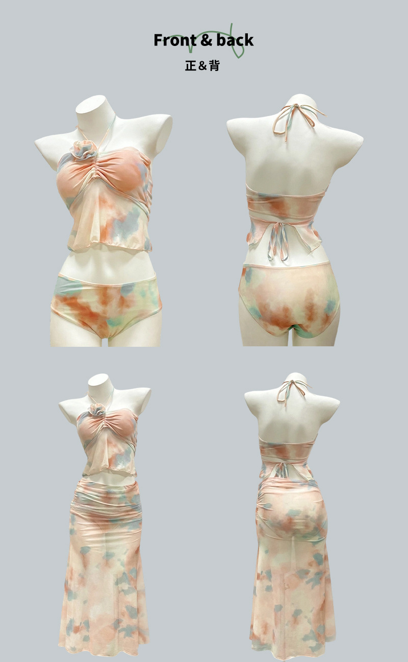 新款扎染挂脖露腰泳衣女2026分体三件套纯欲风辣妹海边度假长裙泳涤亚125200详情2