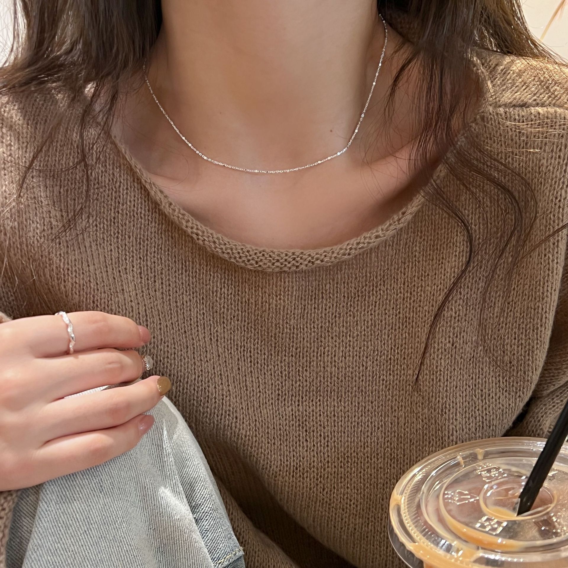 925纯银小方块项链女亮银色简约时尚小众设计百搭个性锁骨链N1044详情2