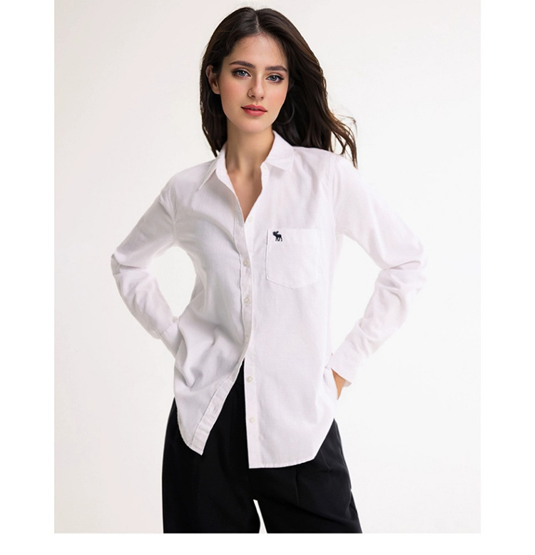 定制跨境女装牛津经典刺绣小麋鹿图案女装春秋百搭通勤衬衫绣花详情1