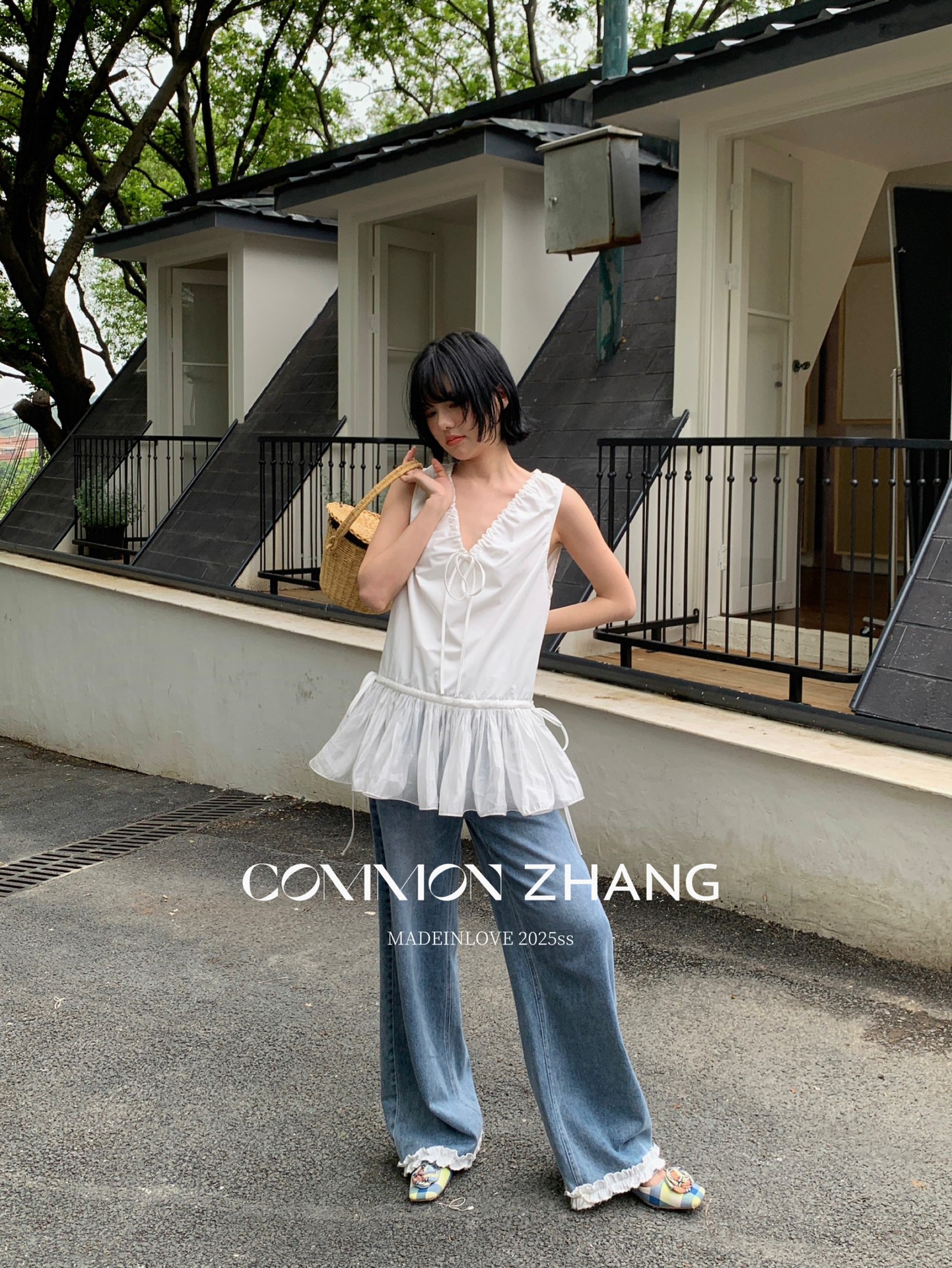 CZ ZHANG Summer French mint Manbo V-neck lace-up Youthful A-line puffed vest dress for women, B23782 pic 29