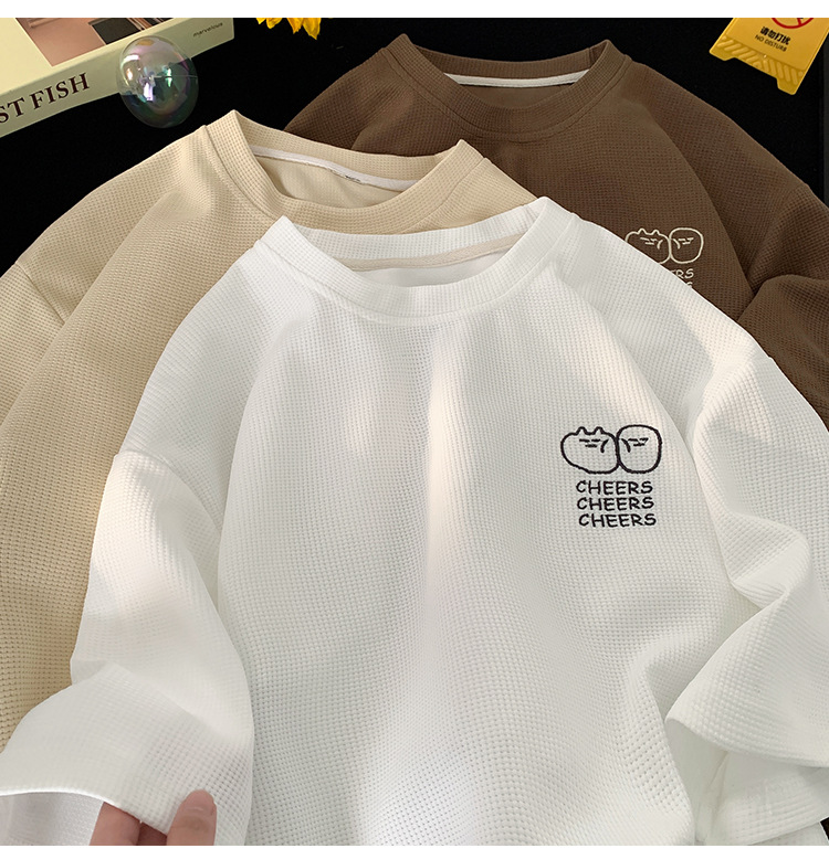 Waffle large-sized short-sleeved T-shirt for men, summer Korean style trendy clothing, printed loose half-sleeved American heavyweight T-shirt pic 17