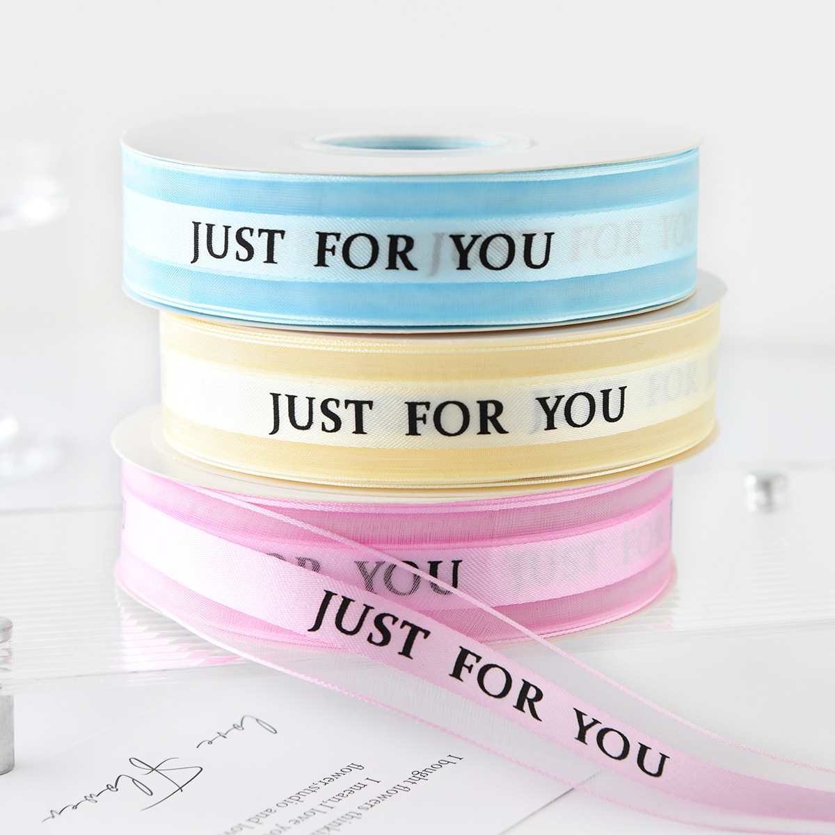 Factory direct sales: 2.5cm medium satin edge gauze English ribbon High-quality snow gauze ribbon flower packaging ribbon gift cake pic 1