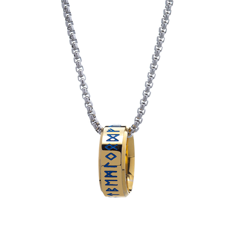 Xiyin Cross-border European and American new jewelry, Nordic Viking language pendant titanium steel necklace, 60cm versatile pearl chain pic 10