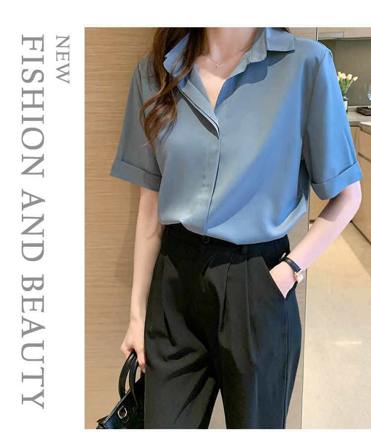 Real photos of in-stock 2025 summer new chiffon shirt for women, short-sleeved, simple and elegant office lady shirt and top for women pic 10