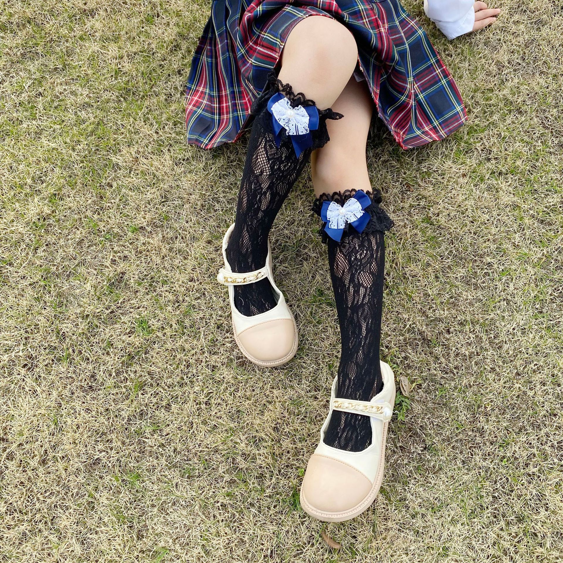 洛丽塔蕾丝花边公主袜女童短袜子薄款红色蝴蝶结女孩长筒袜小腿袜详情3