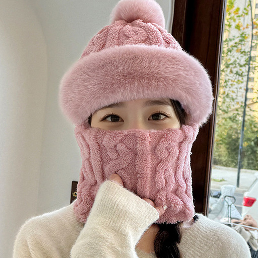 新款加绒加厚毛绒帽子围脖一体女骑车防风防寒电动车保暖套头女帽详情1