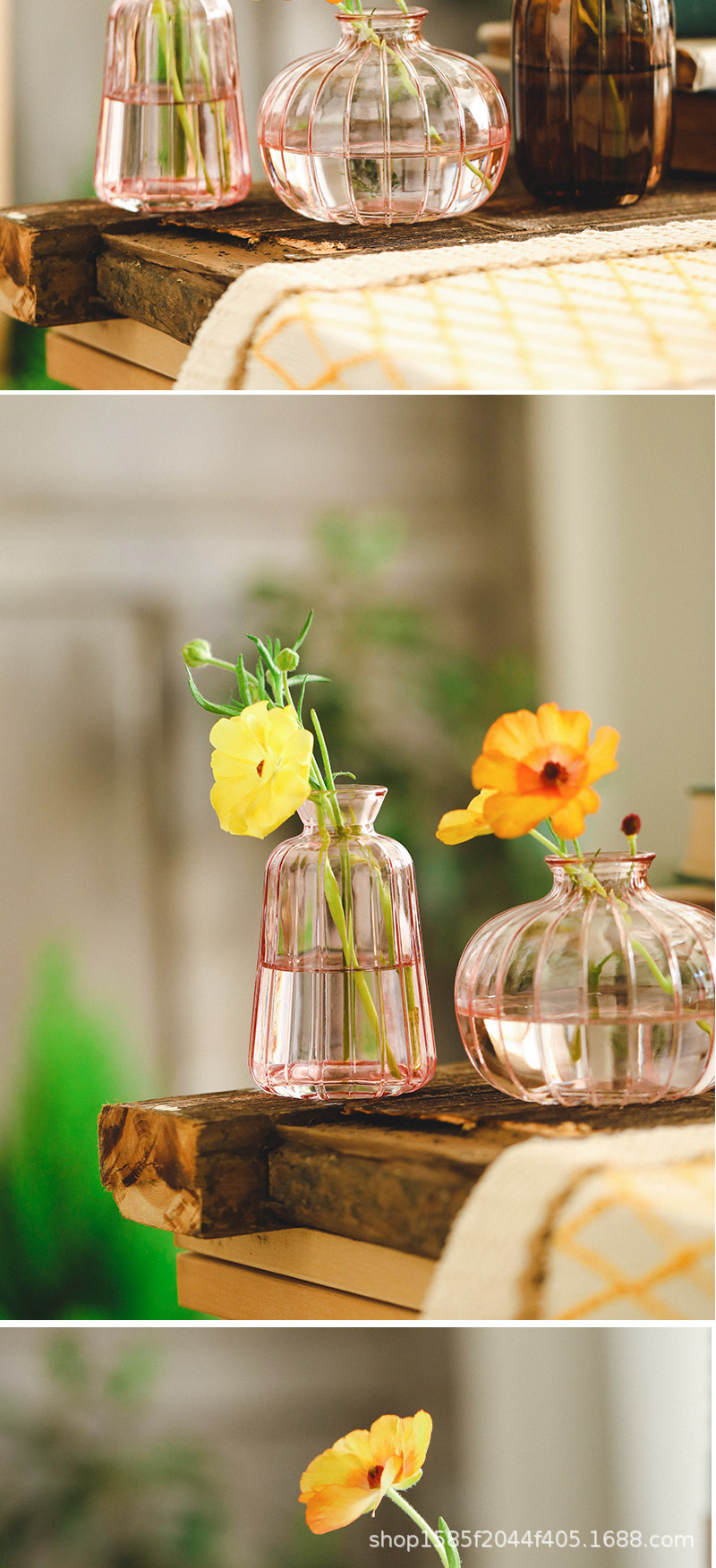 Wholesale of Amazon transparent glass vases, colorful small-mouthed, small-sized vertical patterned hydroponic fresh flower tabletop decorative items pic 13