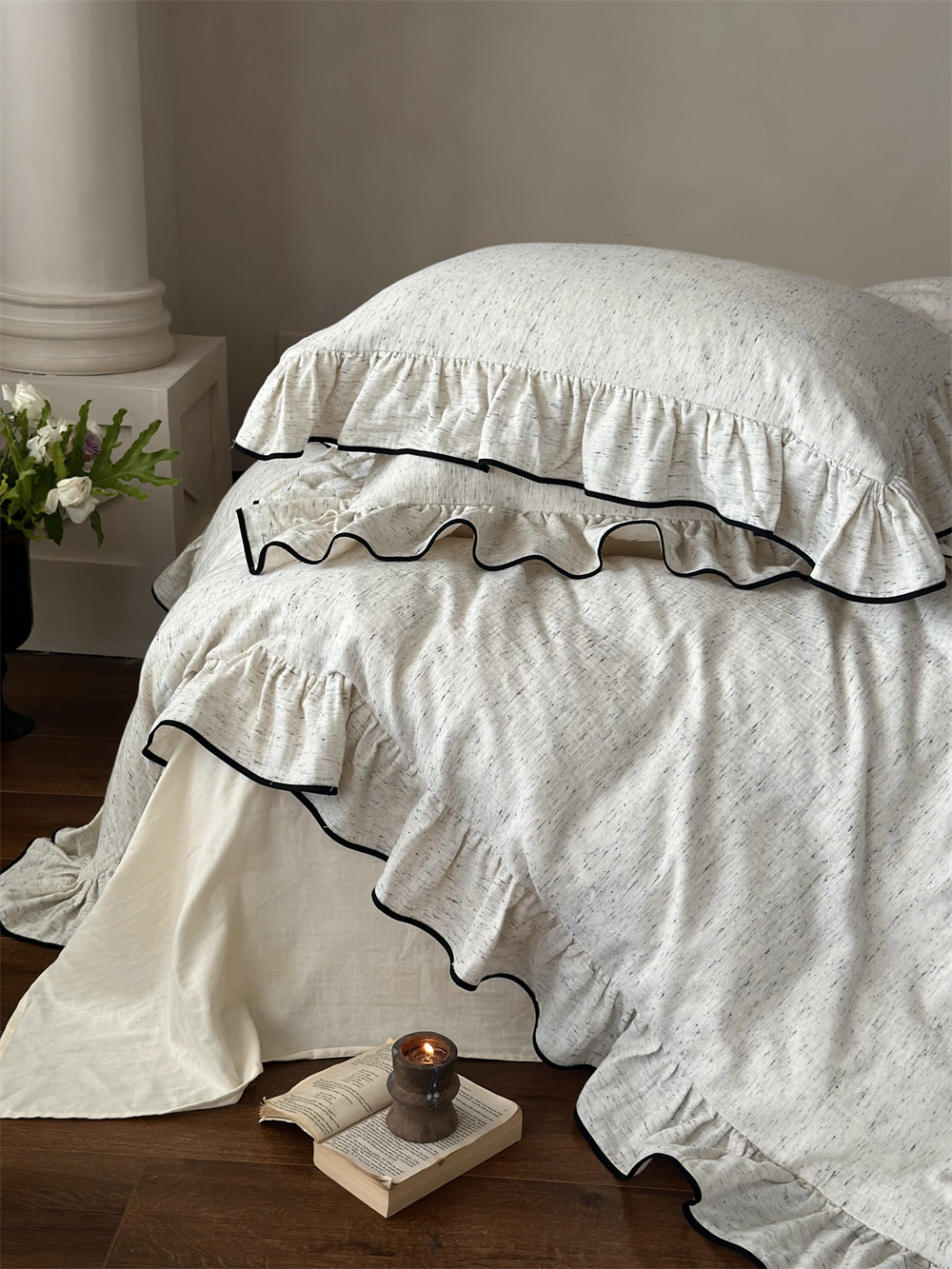 French-style high-grade dyed all-cotton double-layer yarn four-piece set, pure cotton black fringed lace duvet cover, princess-style naked sleeping bed sheet pic 9