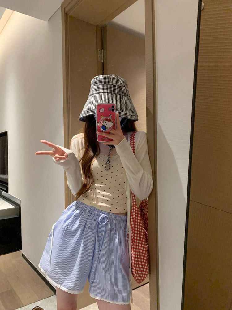 美式蓝色条纹休闲短裤女夏季高腰抽绳透气速干甜辣运动阔腿沙滩裤详情7