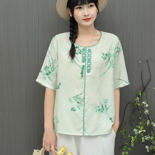 2025 Summer New Style artistic printed cotton and linen shirt, retro loose large size round-neck pullover, elegant T-shirt for women pic 8