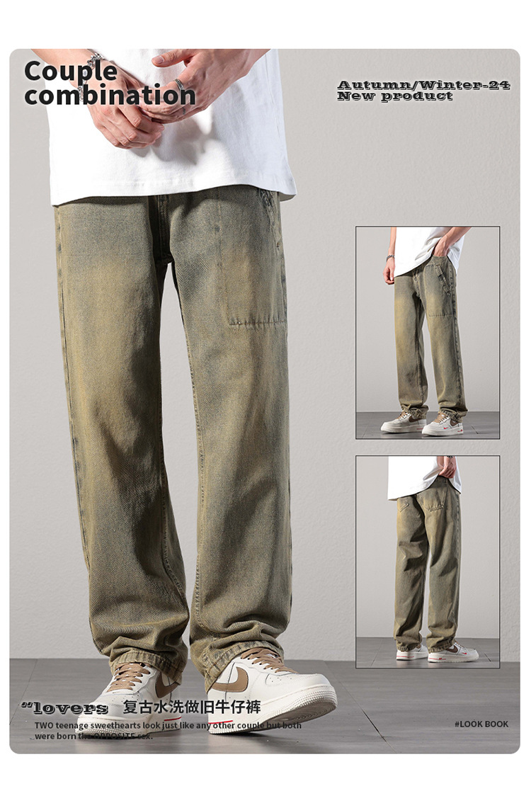 美式复古水洗男士春秋裤子直筒牛仔裤男街头潮牌高级感宽松直筒裤详情5