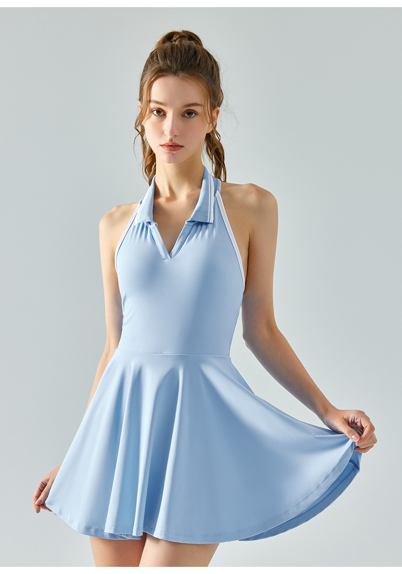 New halter-neck contrasting color lapel sports one-piece dress for women with chest pads, fitness, revealing back and anti-glare tennis dress pic 25