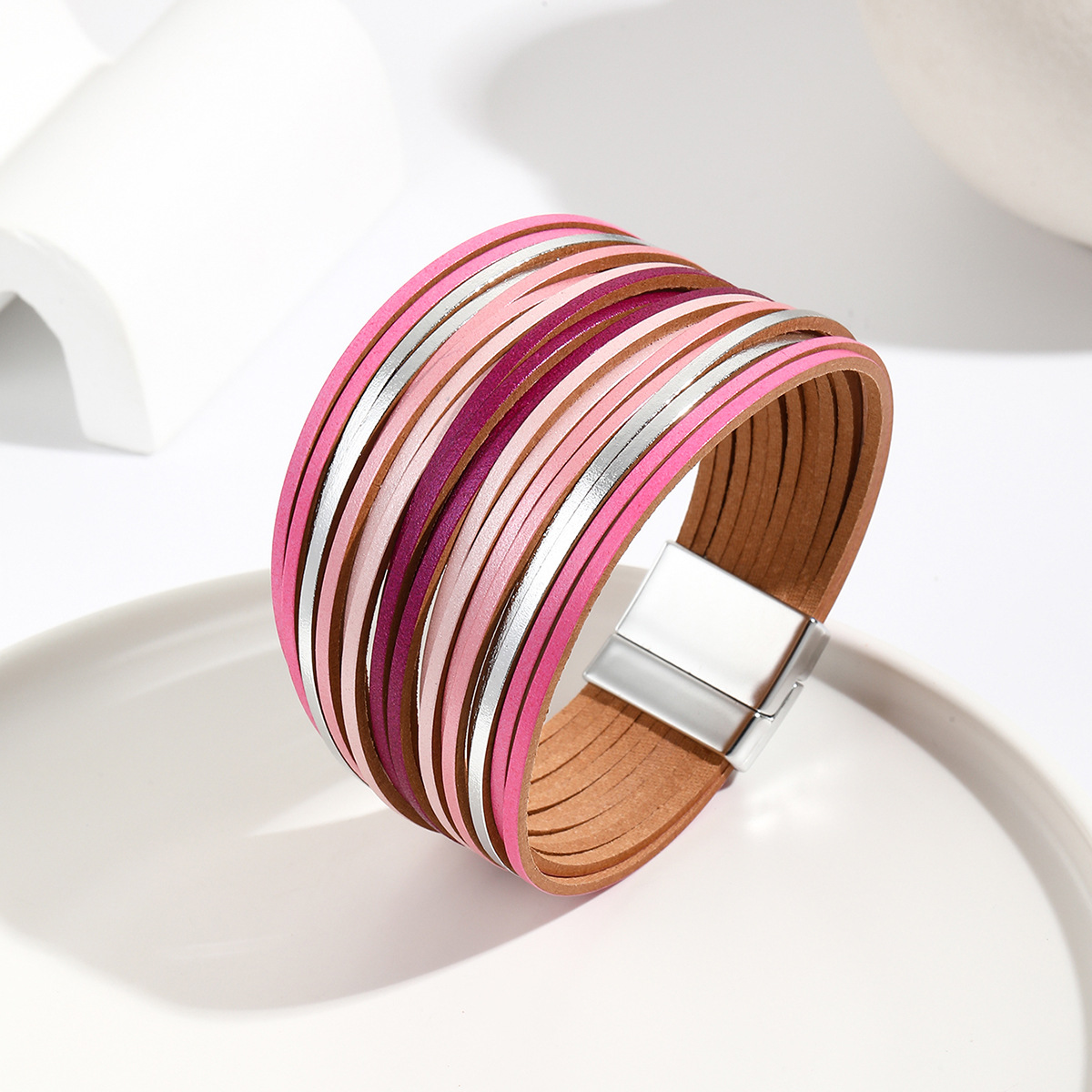 新款亚马逊多条渐变男手环皮绳混色百搭女士PU皮革皮手链磁扣手镯详情3