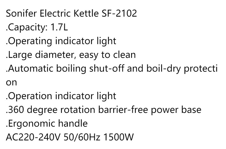Sonifer Cross-border European Standard Household 1.7L electric kettle SF-2102 pic 2