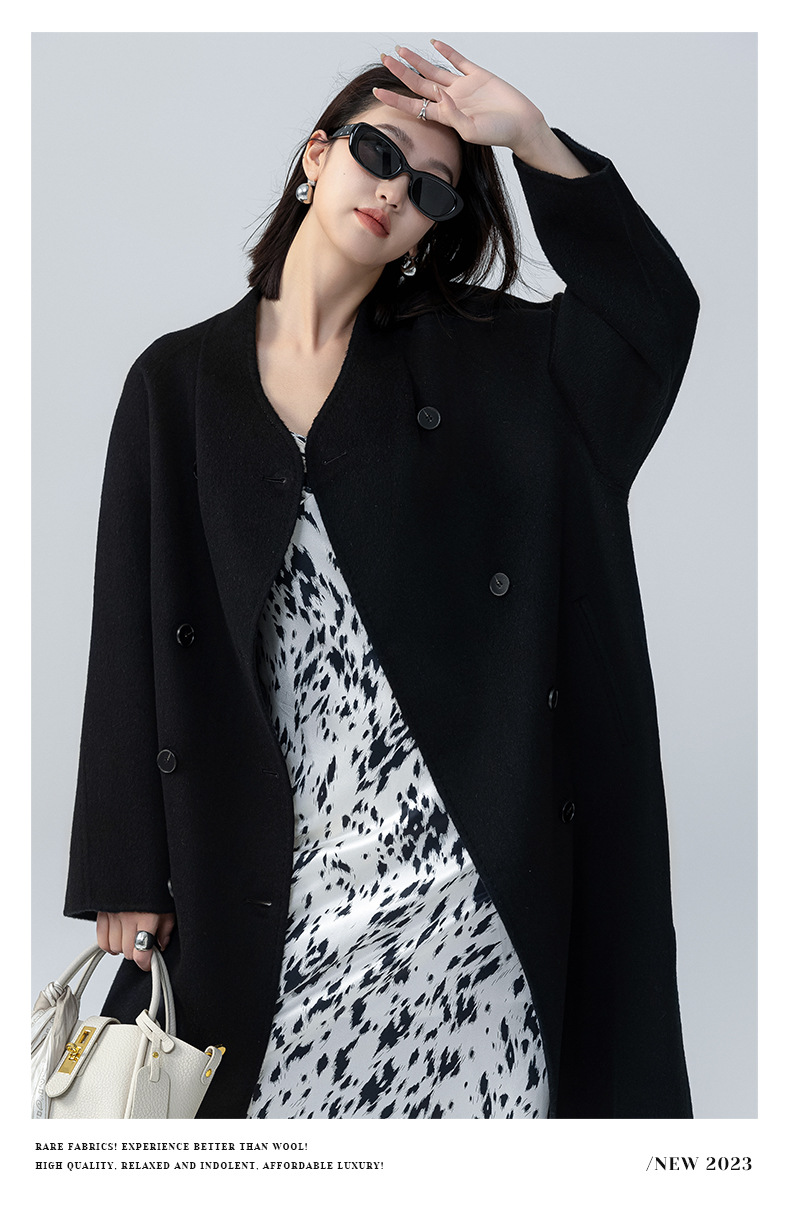 The new stand-up collar double-sided cashmere coat for women in the spring and autumn of 2025 is a long cocoon-shaped alpaca wool woolen coat. It is a popular woolen coat pic 8