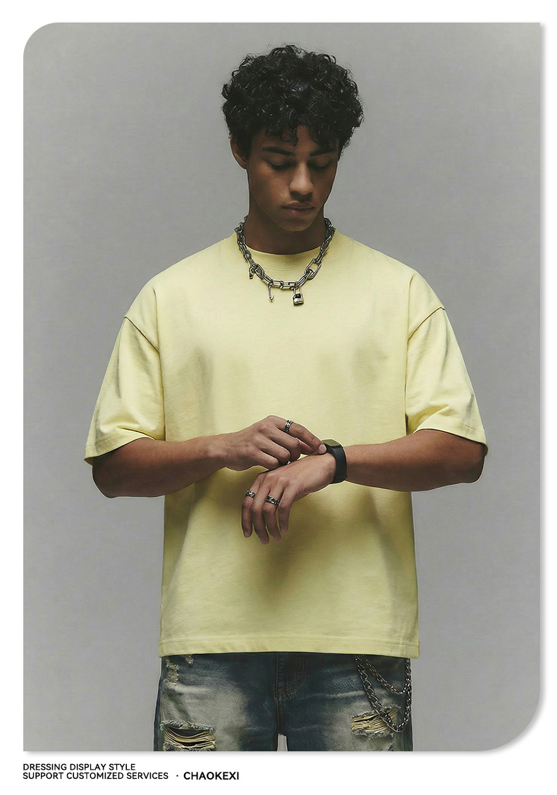 New pure cotton American-style solid-color youth T-shirt for men, 280g washed and aged trendy short-sleeved top custom-made pic 25