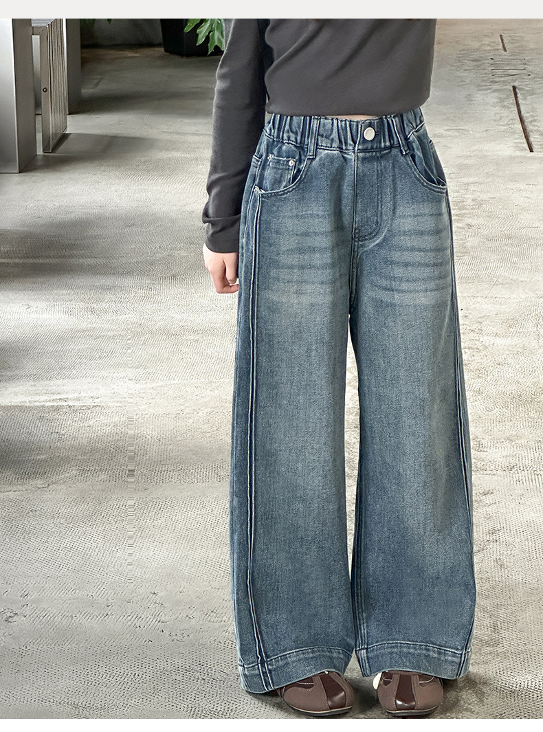 【摩卡公主】女童美式复古宽松牛仔裤2025新款拖地牛仔阔腿裤长裤详情7