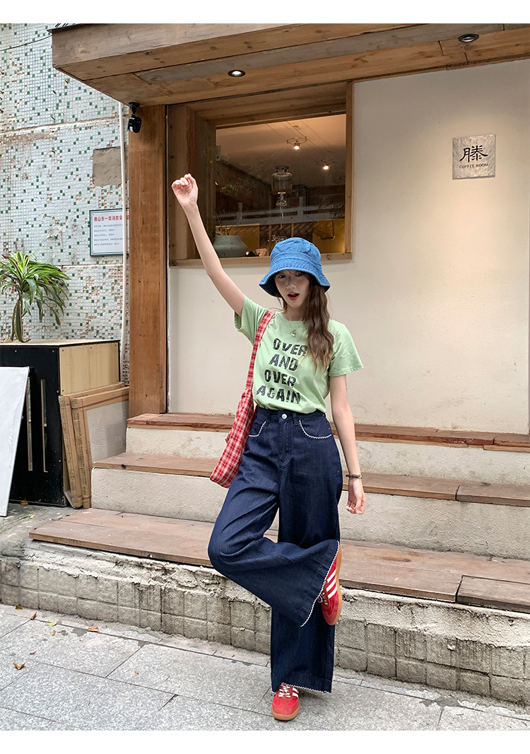 陆小团团复古花边直筒薄牛仔裤2025夏季新款显瘦阔腿小个子裤子女详情35