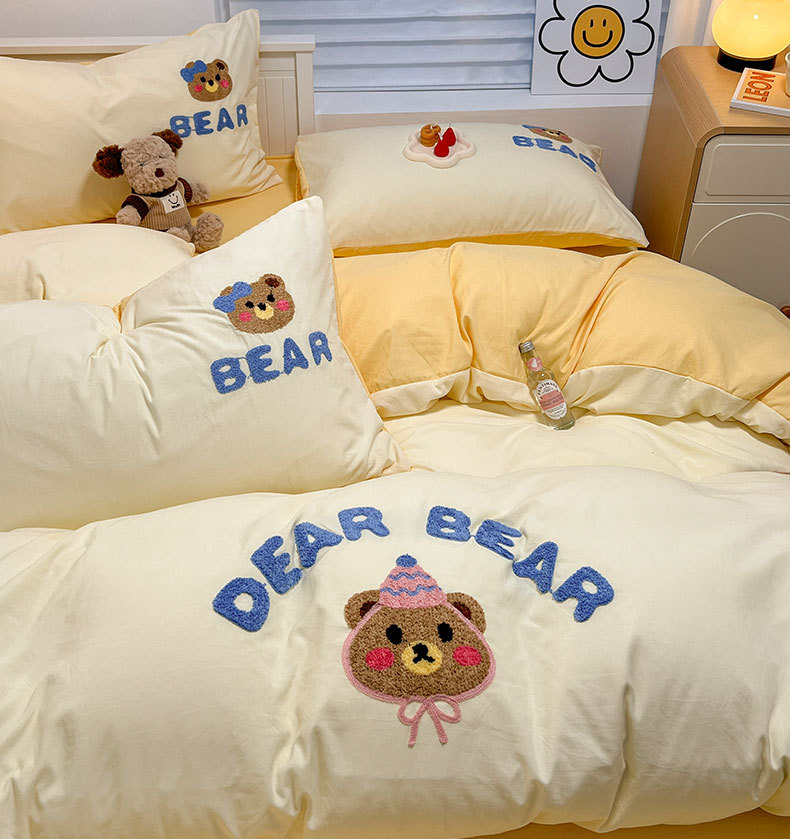 奶油风小熊水洗棉床上用品四件套卡通可爱床单被套宿舍三件套床笠详情3