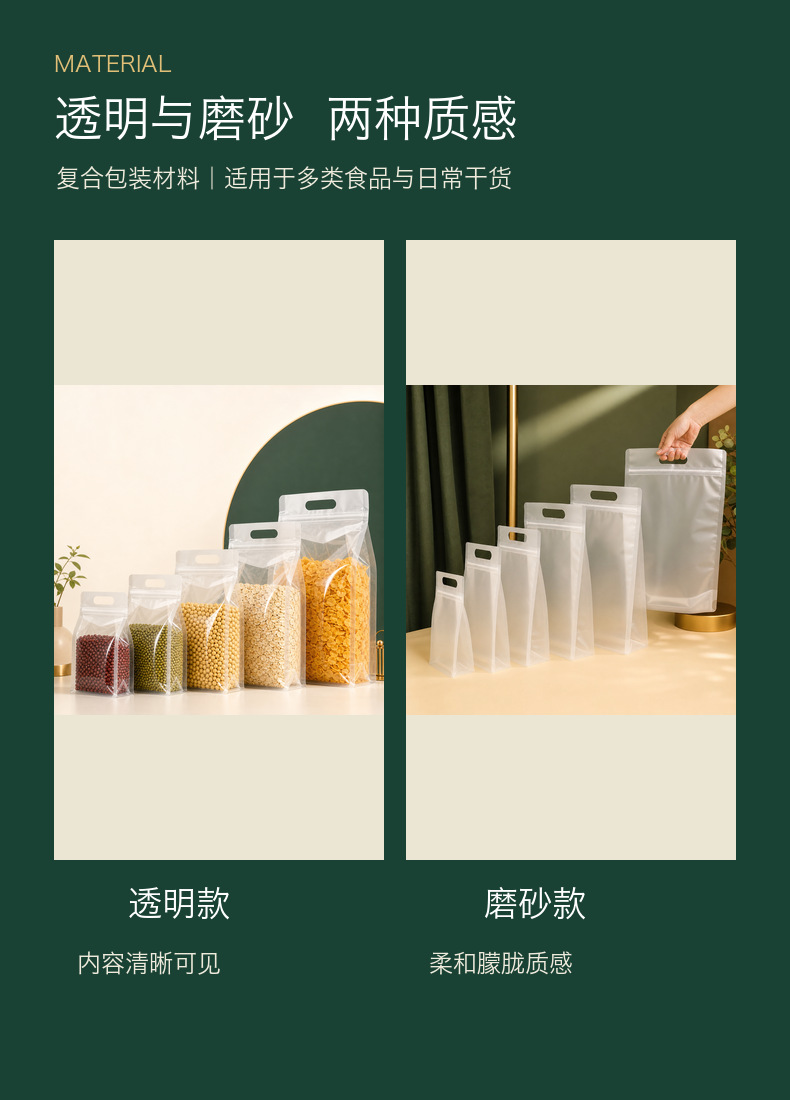 透明八边封袋磨砂手提拉链自立自封袋薯片坚果干果杂粮食品分装袋详情9